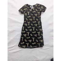 Black Floral Knee-Length Dress With Keyhole Back Short Sleeves & Sheer Overlay