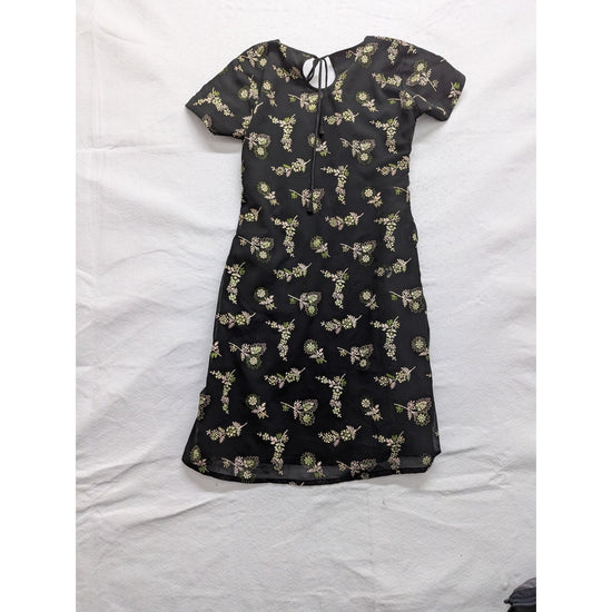 Black Floral Knee-Length Dress With Keyhole Back Short Sleeves & Sheer Overlay