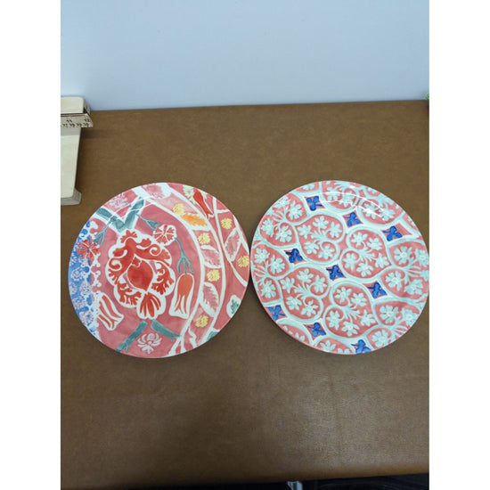 Hand-Painted Floral Ceramic Plates Set Of 2 10-Inch Diameter Red & White Patterns
