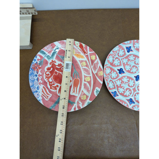Hand-Painted Floral Ceramic Plates Set Of 2 10-Inch Diameter Red & White Patterns