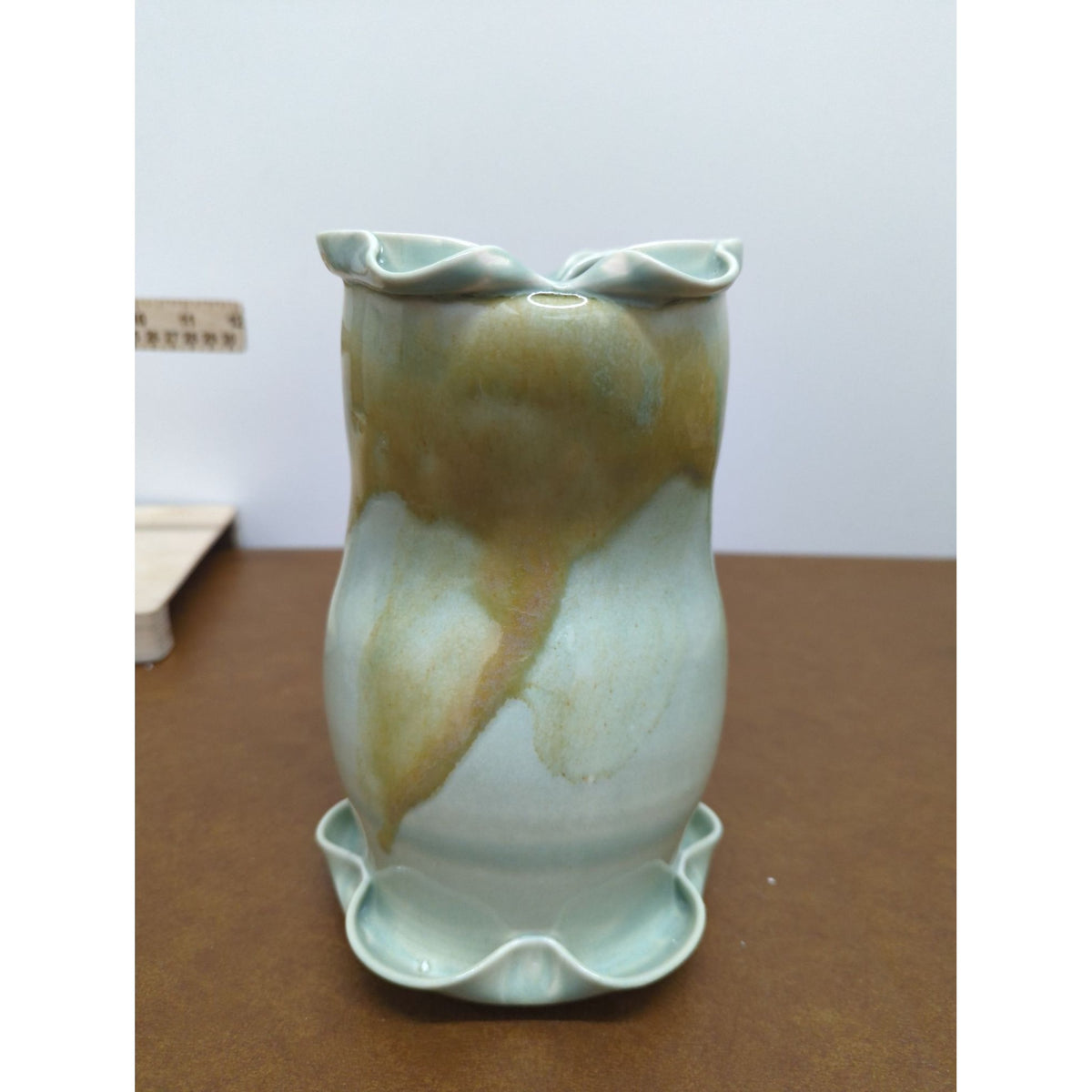 Handmade Ceramic Vase With Ruffled Edge & Multicolor Glaze 8" Tall Unique Artisan Design
