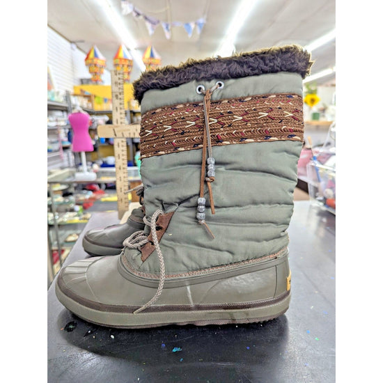 Sorel Sage Green Winter Boots With Woven Accent & Fur Trim