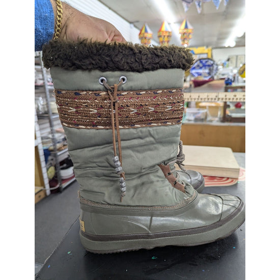 Sorel Sage Green Winter Boots With Woven Accent & Fur Trim