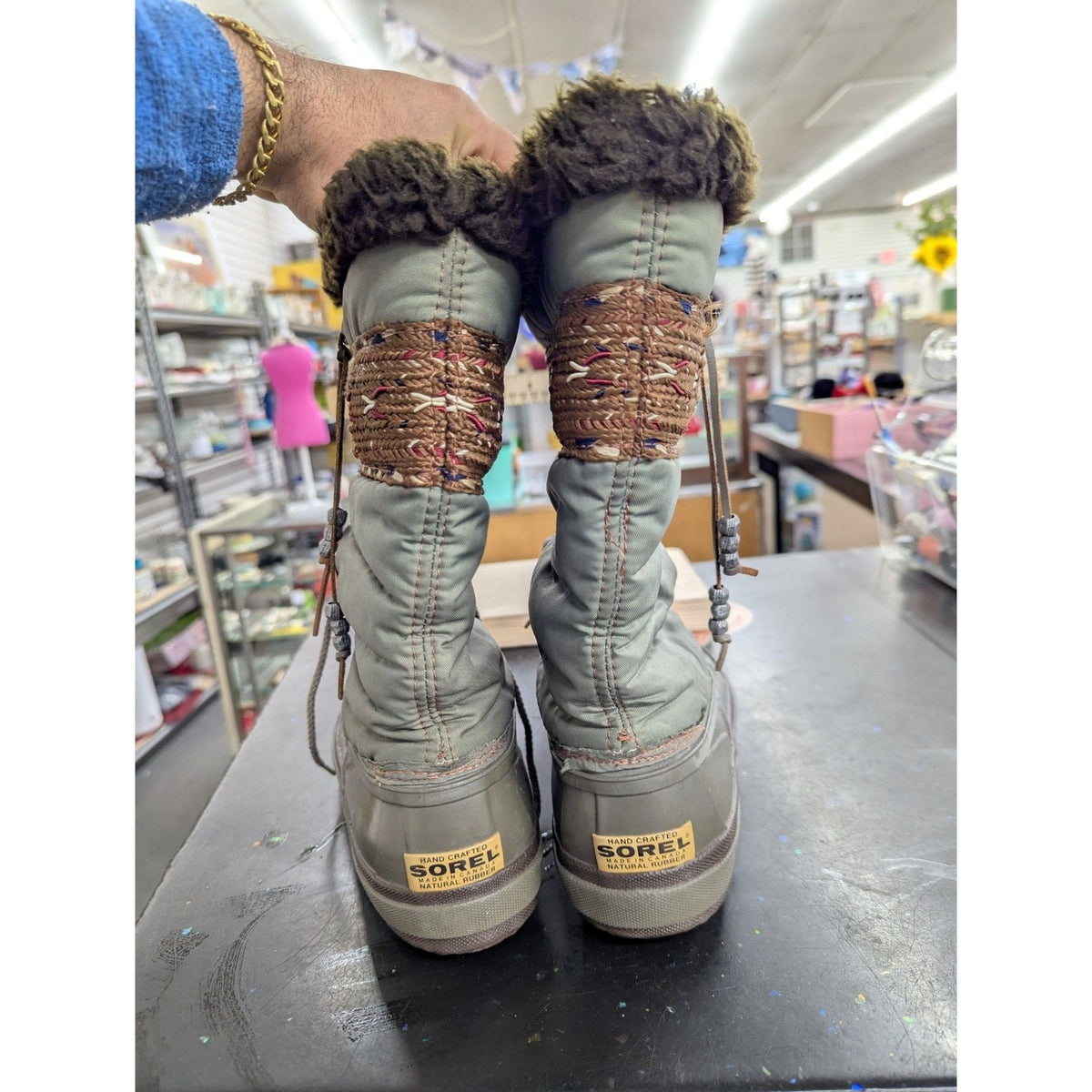 Sorel Sage Green Winter Boots With Woven Accent & Fur Trim