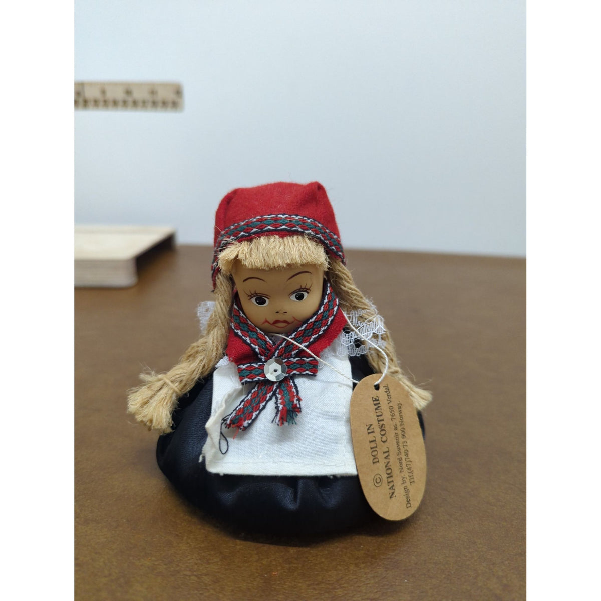 Norwegian Doll In Traditional Costume With Braided Hair & Red Headscarf - 5 Inches Tall