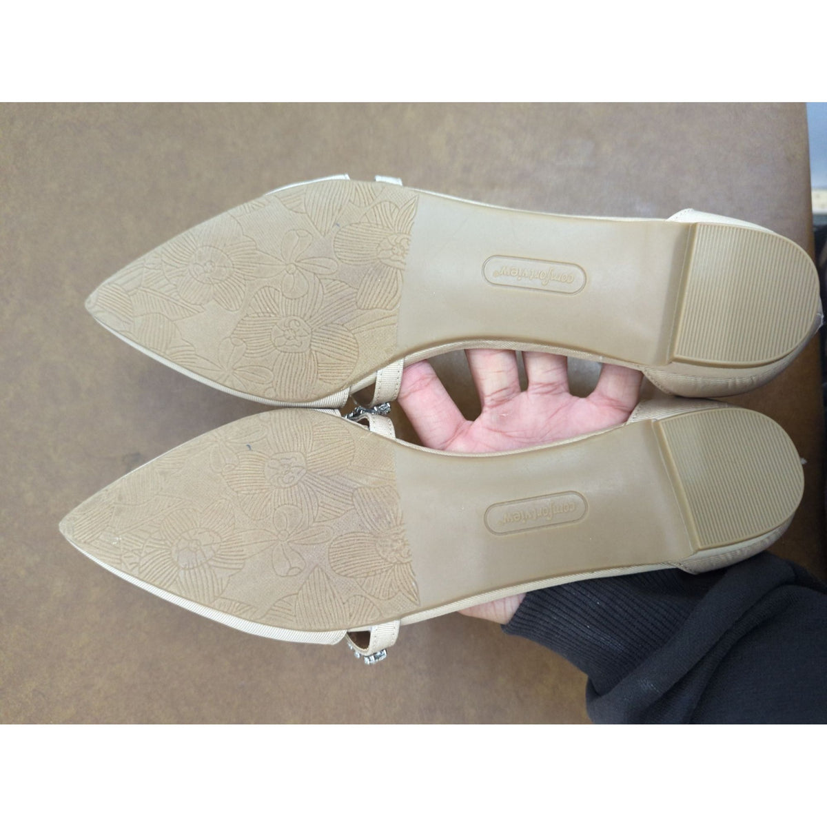 Comfortview Womens Rhinestone-Embellished Pointed-Toe Flats With Back Zipper - Size 8 - Beige