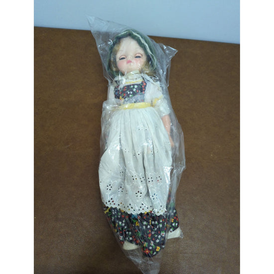 Vintage Porcelain Doll In Traditional Dress 12" With Eyelet Apron & Floral Skirt